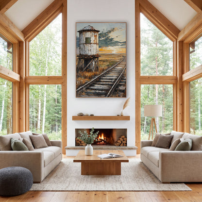 Old Water Tower Rustic Western wall art in a rustic western-style room – weathered white water tower on wooden stilts