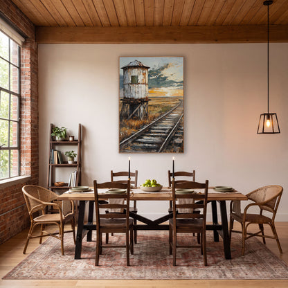 Old Water Tower Rustic Western wall art in a rustic western-style room – weathered white water tower on wooden stilts