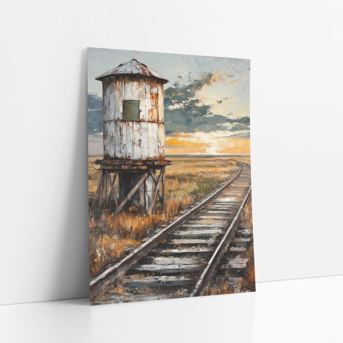 Old Water Tower Rustic Western art print leaning against a white wall – weathered white water tower on wooden stilts