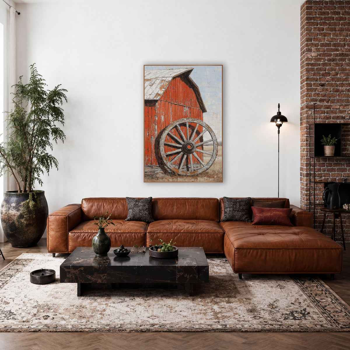 Weathered Wagon Wheel Red Barn Rustic wall art in a rustic western-style room – weathered wooden wagon wheel leaning