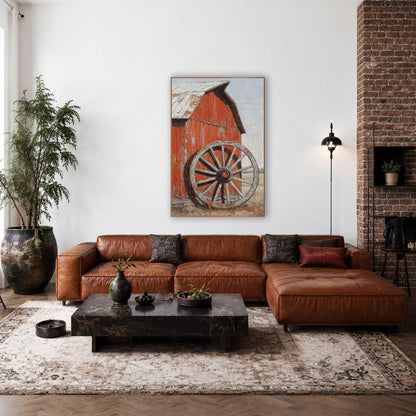 Weathered Wagon Wheel Red Barn Rustic wall art in a rustic western-style room – weathered wooden wagon wheel leaning