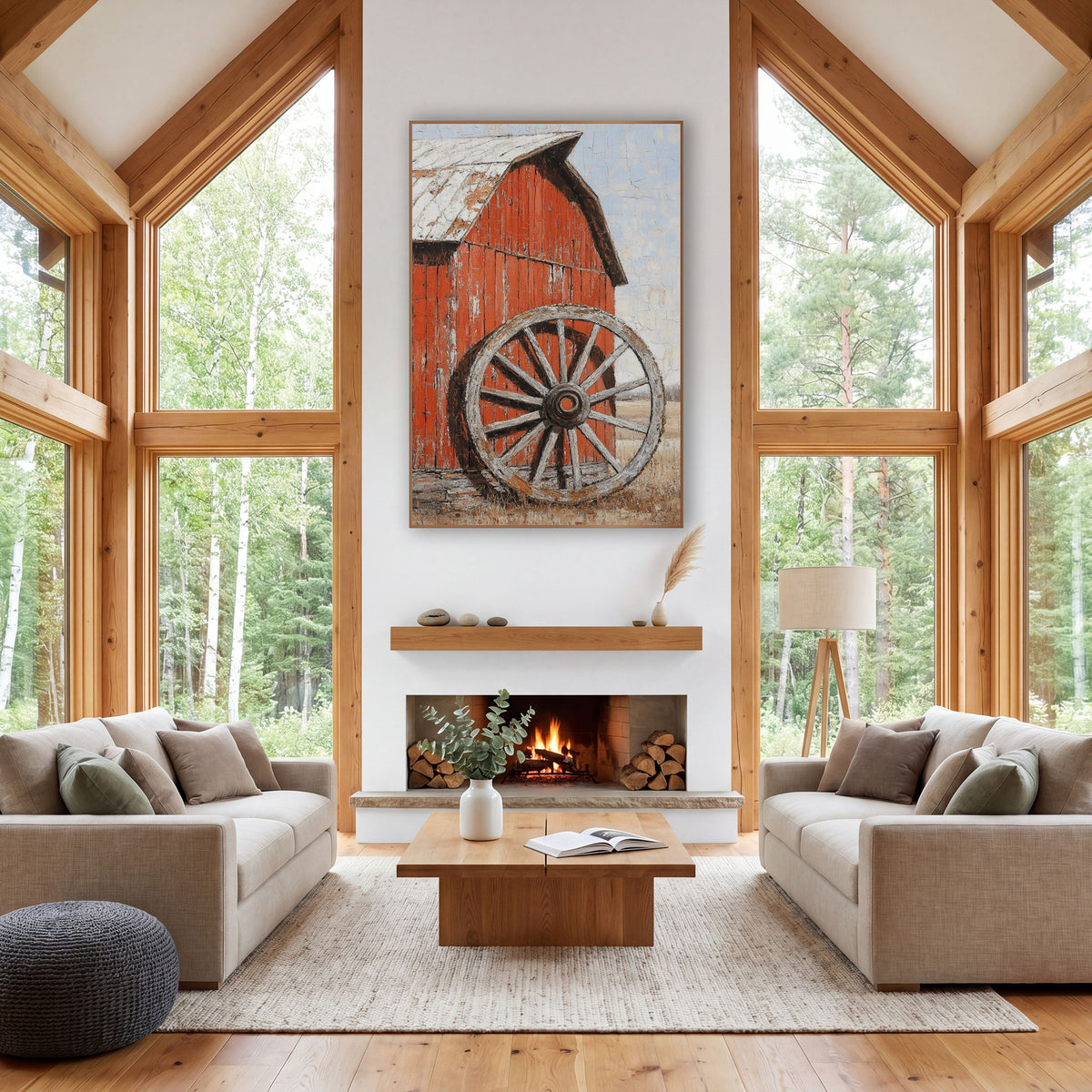 Weathered Wagon Wheel Red Barn Rustic wall art in a rustic western-style room – weathered wooden wagon wheel leaning