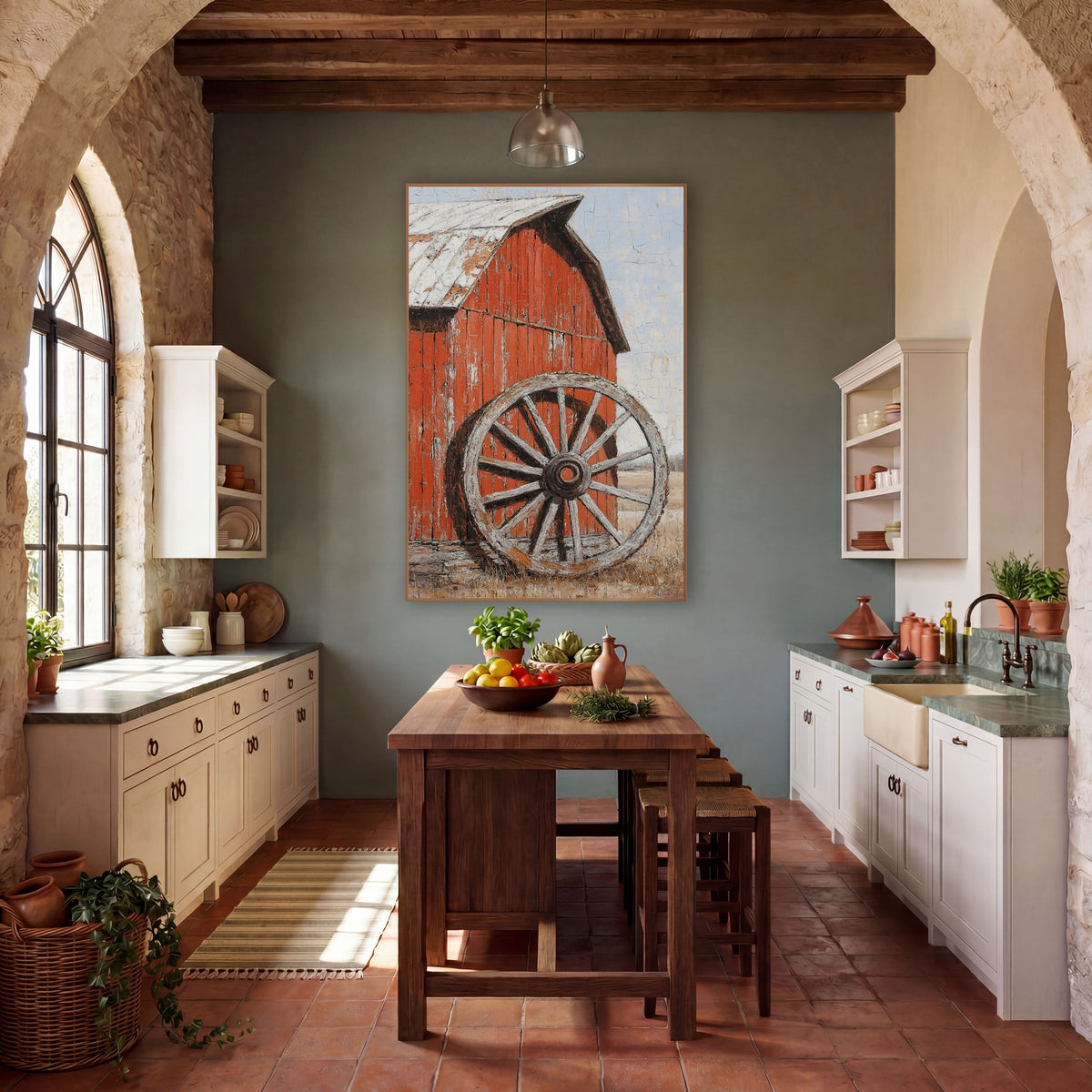 Weathered Wagon Wheel Red Barn Rustic wall art in a rustic western-style room – weathered wooden wagon wheel leaning