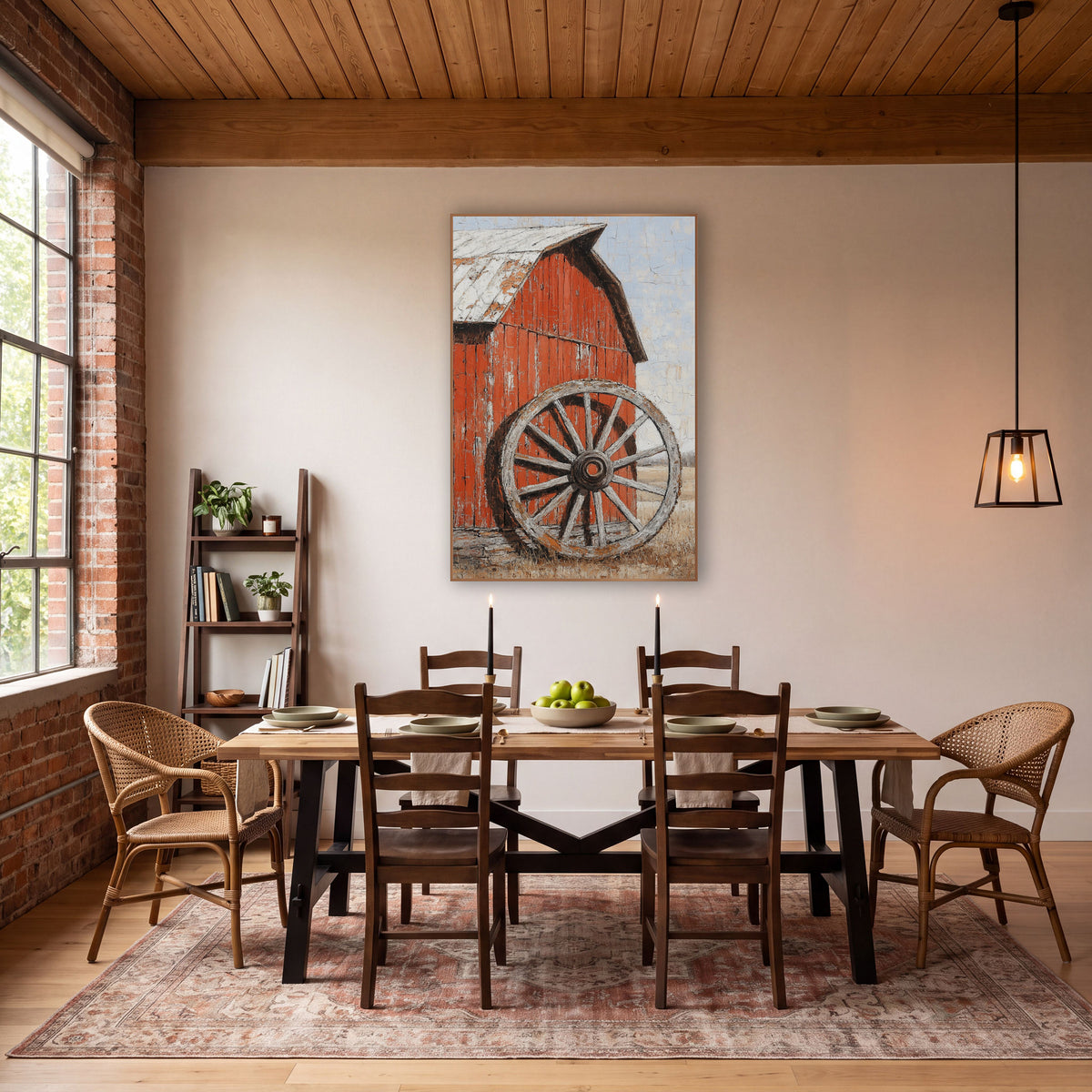 Weathered Wagon Wheel Red Barn Rustic wall art in a rustic western-style room – weathered wooden wagon wheel leaning