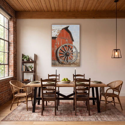 Weathered Wagon Wheel Red Barn Rustic wall art in a rustic western-style room – weathered wooden wagon wheel leaning