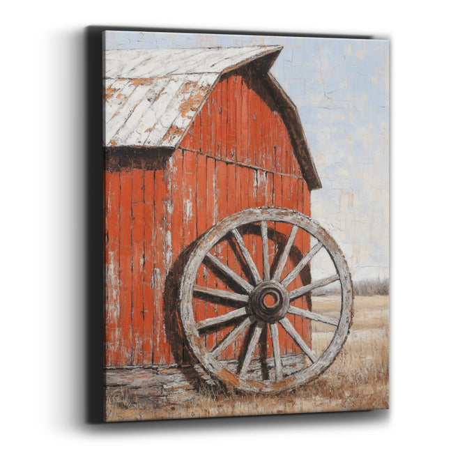 Weathered Wagon Wheel Red Barn Rustic Canvas Wall Art