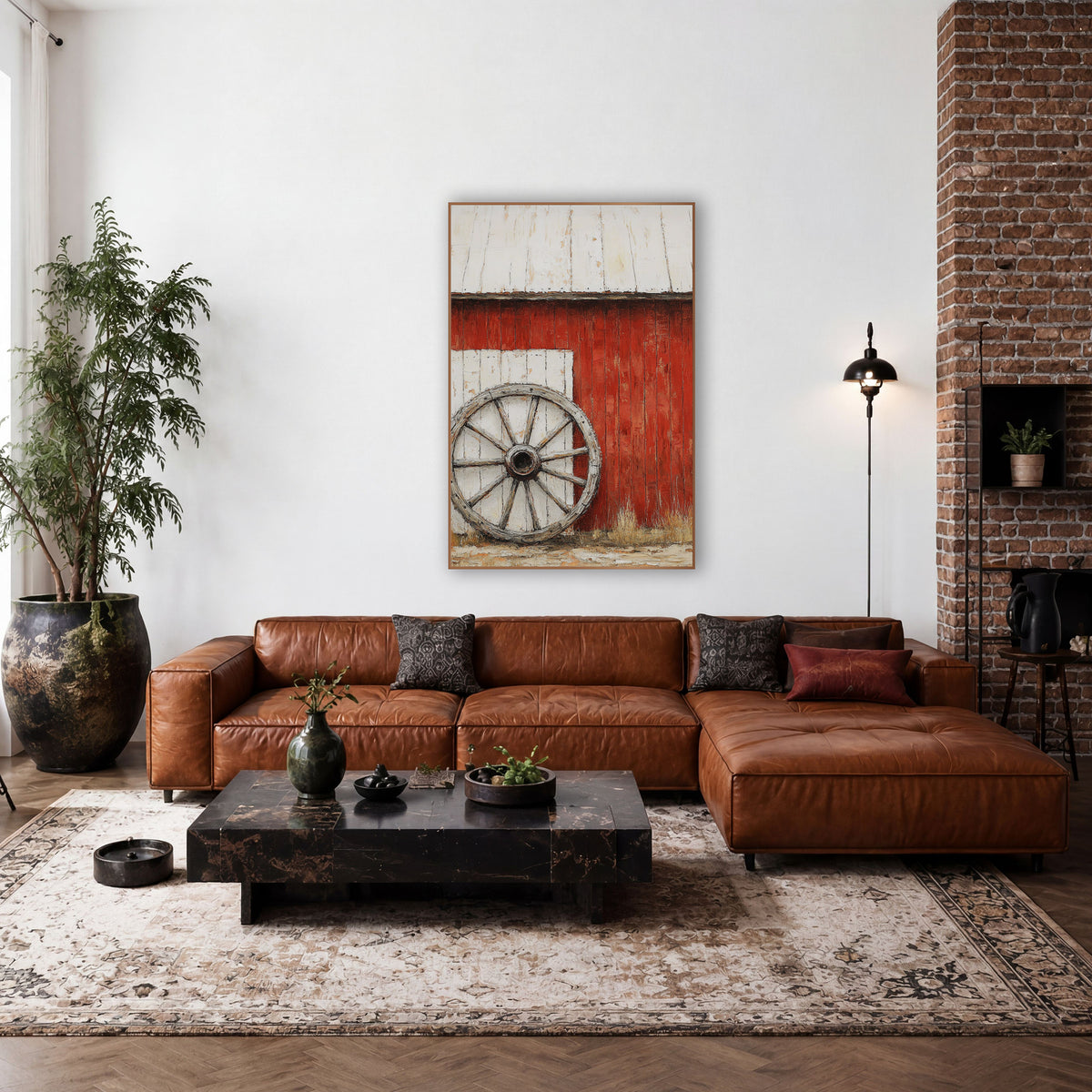Whitewashed Door Wheel Barn Painterly wall art in a rustic western-style room – weathered wooden wagon wheel leaning