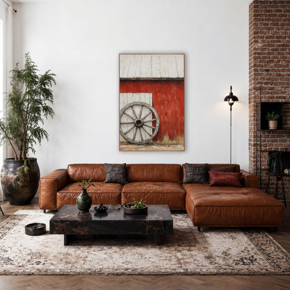 Whitewashed Door Wheel Barn Painterly wall art in a rustic western-style room – weathered wooden wagon wheel leaning