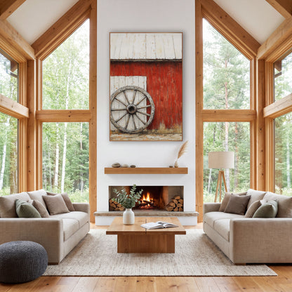 Whitewashed Door Wheel Barn Painterly wall art in a rustic western-style room – weathered wooden wagon wheel leaning