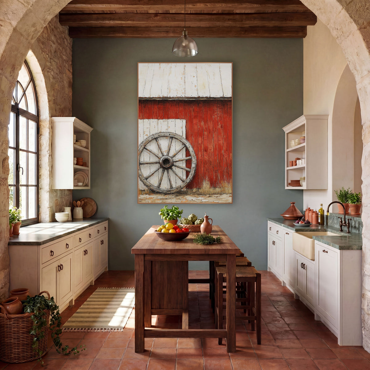 Whitewashed Door Wheel Barn Painterly wall art in a rustic western-style room – weathered wooden wagon wheel leaning