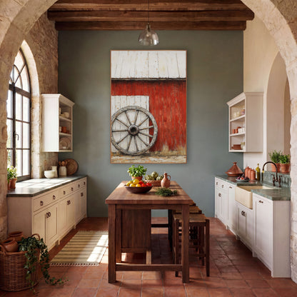 Whitewashed Door Wheel Barn Painterly wall art in a rustic western-style room – weathered wooden wagon wheel leaning