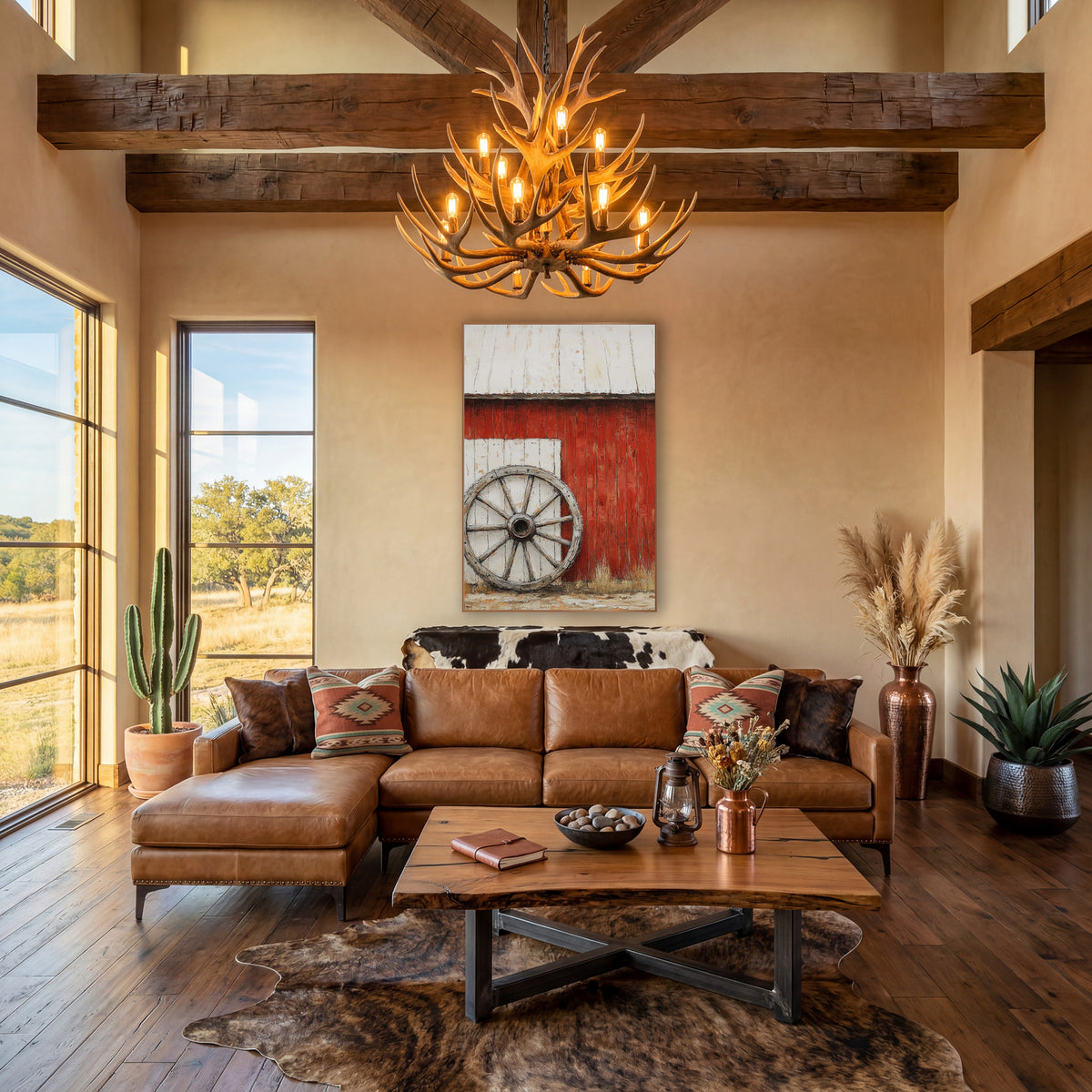 Whitewashed Door Wheel Barn Painterly wall art in a rustic western-style room – weathered wooden wagon wheel leaning