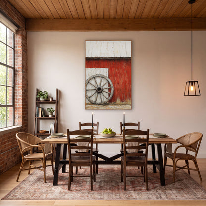 Whitewashed Door Wheel Barn Painterly wall art in a rustic western-style room – weathered wooden wagon wheel leaning
