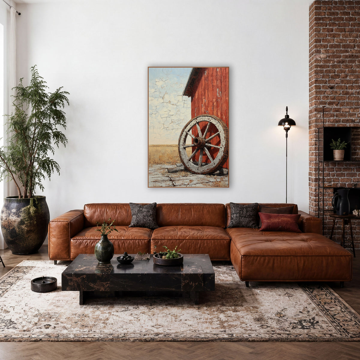 Prairie Corner Wheel Cracked Sky wall art in a rustic western-style room – old wooden wagon wheel with chipped white