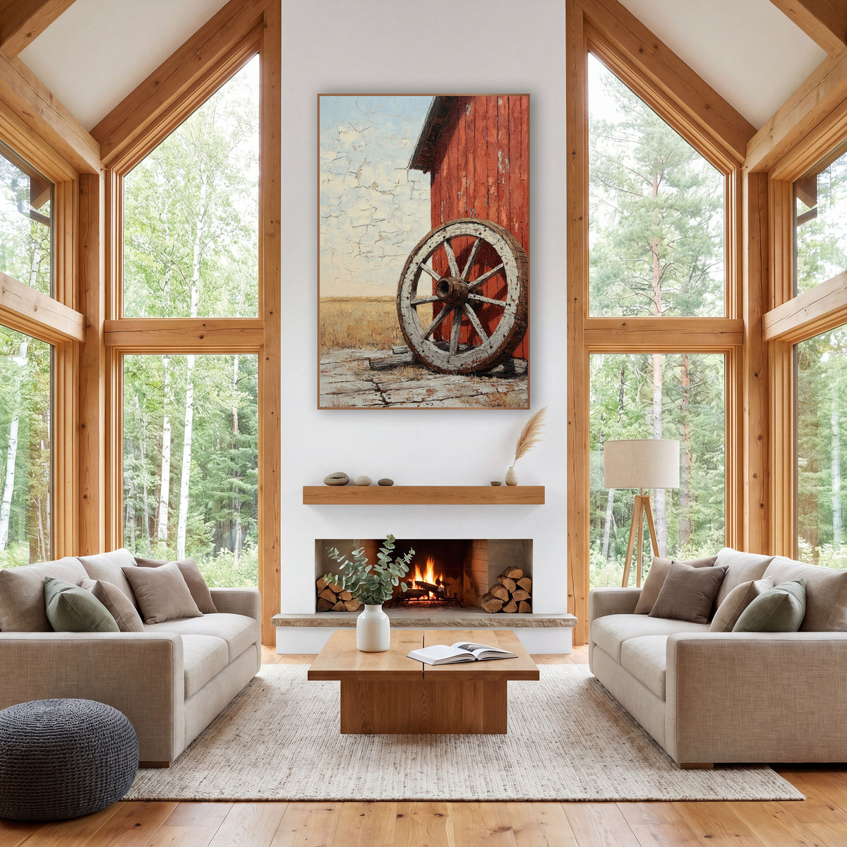 Prairie Corner Wheel Cracked Sky wall art in a rustic western-style room – old wooden wagon wheel with chipped white