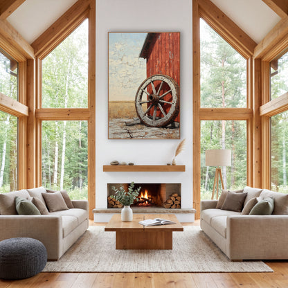 Prairie Corner Wheel Cracked Sky wall art in a rustic western-style room – old wooden wagon wheel with chipped white