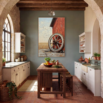 Prairie Corner Wheel Cracked Sky wall art in a rustic western-style room – old wooden wagon wheel with chipped white
