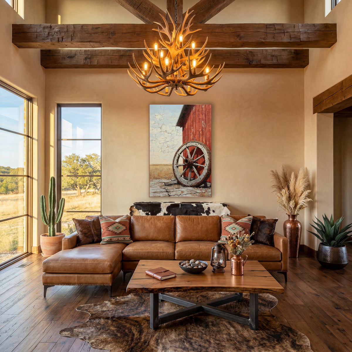 Prairie Corner Wheel Cracked Sky wall art in a rustic western-style room – old wooden wagon wheel with chipped white