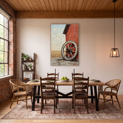 Prairie Corner Wheel Cracked Sky wall art in a rustic western-style room – old wooden wagon wheel with chipped white
