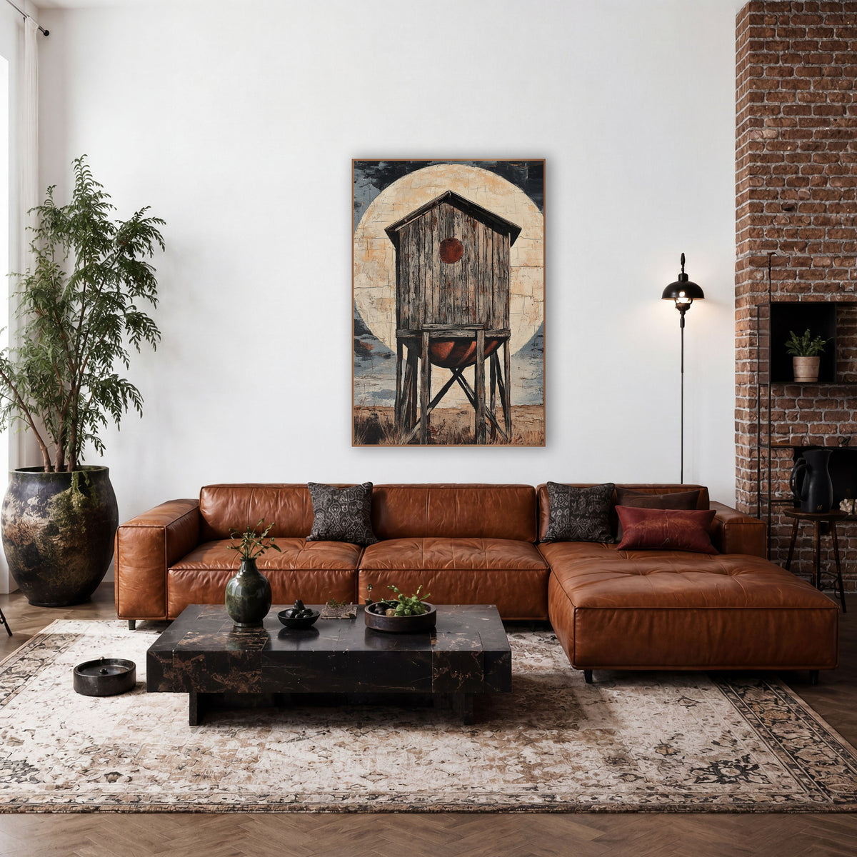 Cream Moon Plank Tower Rustic wall art in a rustic western-style room – weathered wooden water tower on tall legs