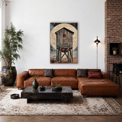 Cream Moon Plank Tower Rustic wall art in a rustic western-style room – weathered wooden water tower on tall legs