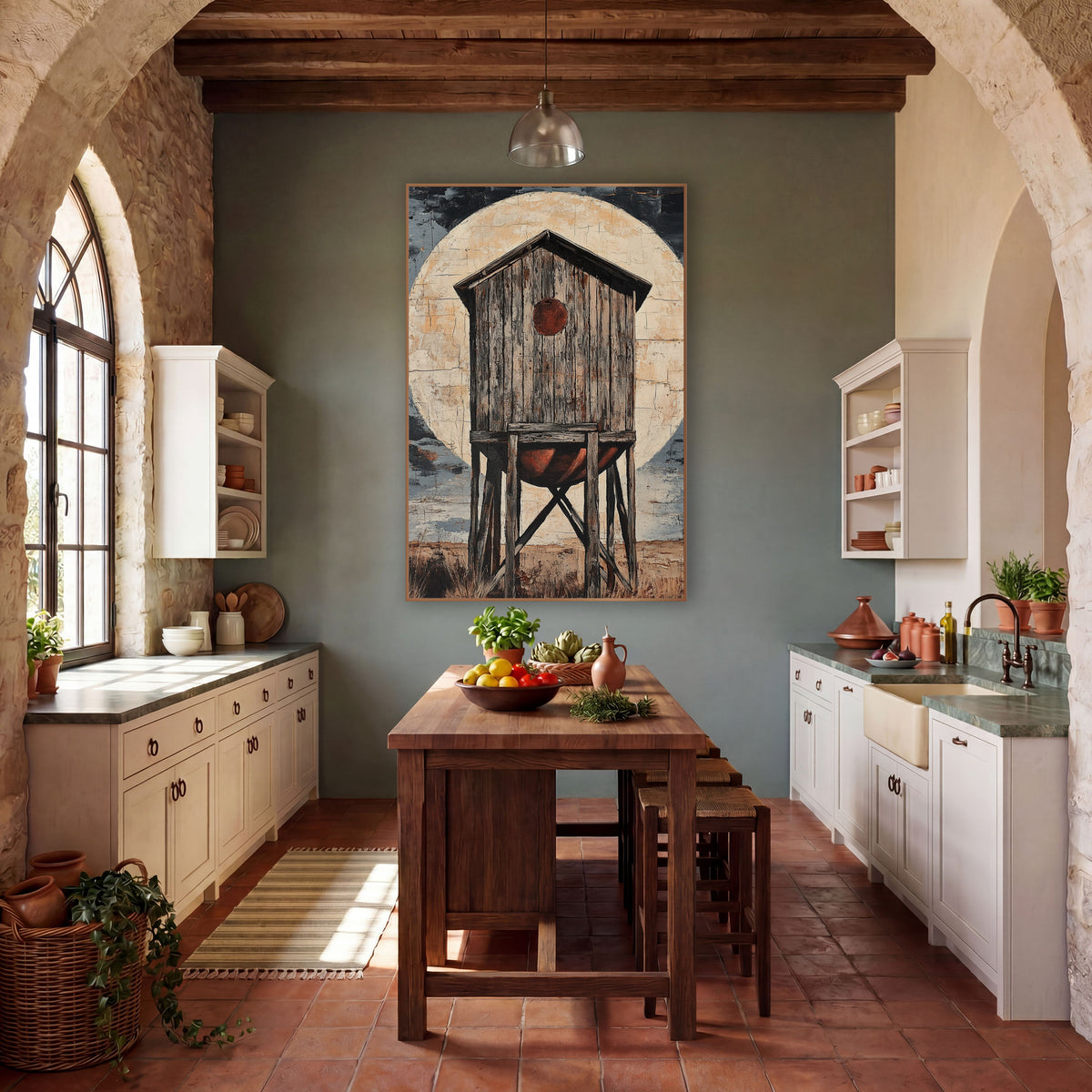 Cream Moon Plank Tower Rustic wall art in a rustic western-style room – weathered wooden water tower on tall legs