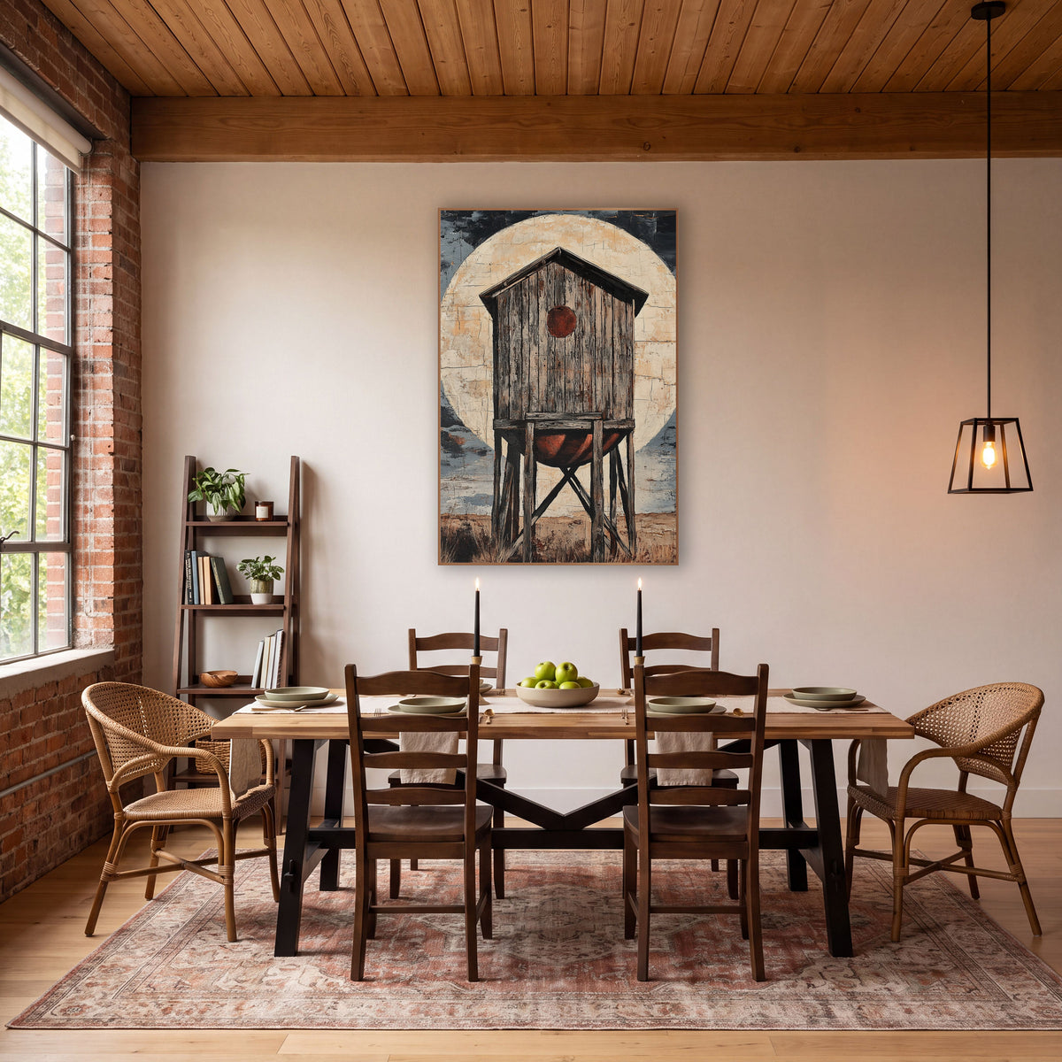 Cream Moon Plank Tower Rustic wall art in a rustic western-style room – weathered wooden water tower on tall legs