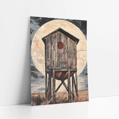 Cream Moon Plank Tower Rustic art print leaning against a white wall – weathered wooden water tower on tall legs in a dry