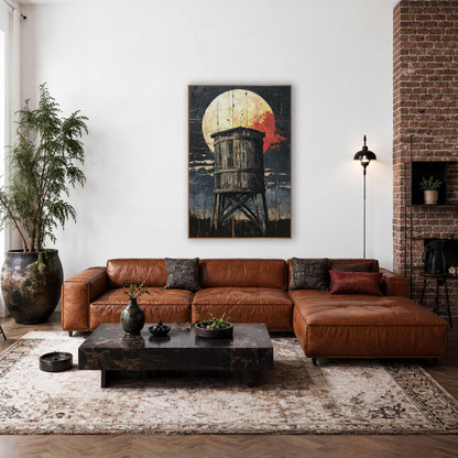 Round Barrel Tower Crimson Moon Western wall art in a rustic western-style room – old wooden water tower with crossed
