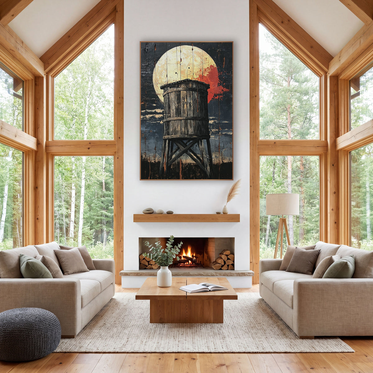 Round Barrel Tower Crimson Moon Western wall art in a rustic western-style room – old wooden water tower with crossed