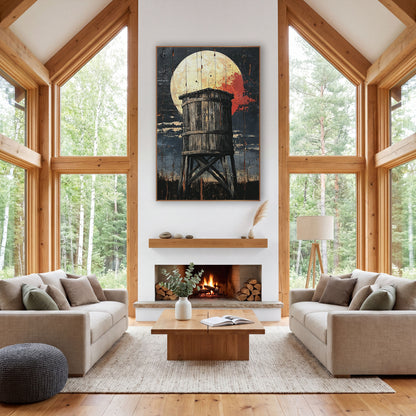 Round Barrel Tower Crimson Moon Western wall art in a rustic western-style room – old wooden water tower with crossed