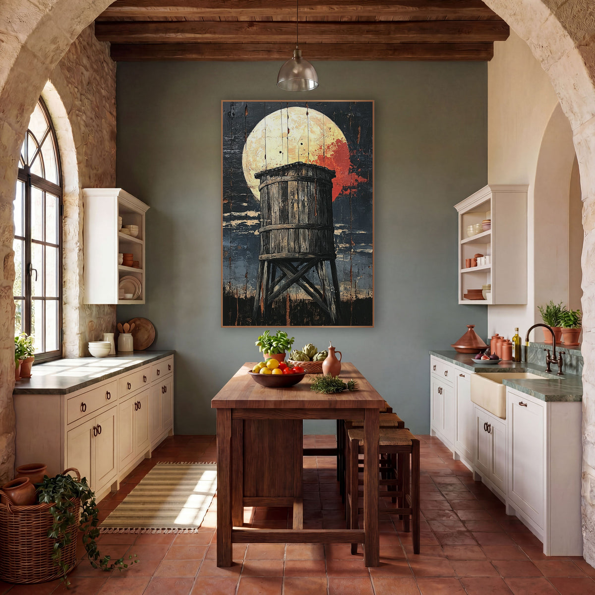 Round Barrel Tower Crimson Moon Western wall art in a rustic western-style room – old wooden water tower with crossed