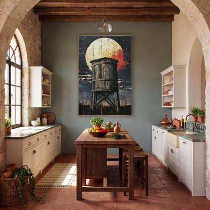 Round Barrel Tower Crimson Moon Western wall art in a rustic western-style room – old wooden water tower with crossed
