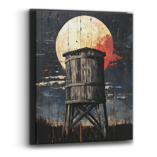 Round Barrel Tower Crimson Moon Western Canvas Wall Art