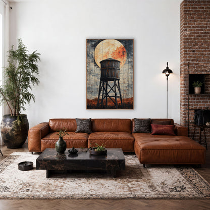 Ember Moon Mesa Tower Distressed wall art in a rustic western-style room – old wooden water tower on tall braced legs