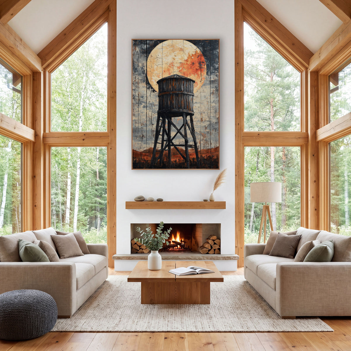 Ember Moon Mesa Tower Distressed wall art in a rustic western-style room – old wooden water tower on tall braced legs