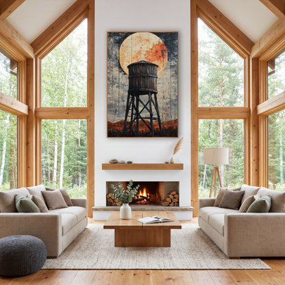 Ember Moon Mesa Tower Distressed wall art in a rustic western-style room – old wooden water tower on tall braced legs
