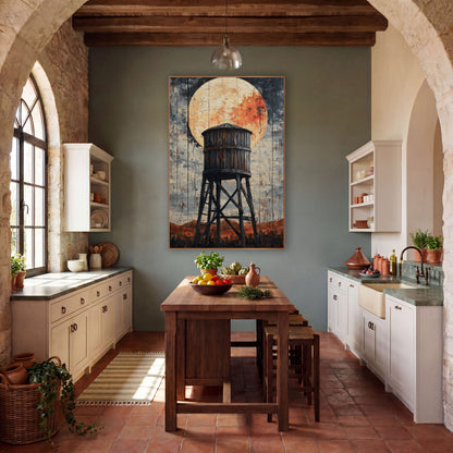 Ember Moon Mesa Tower Distressed wall art in a rustic western-style room – old wooden water tower on tall braced legs