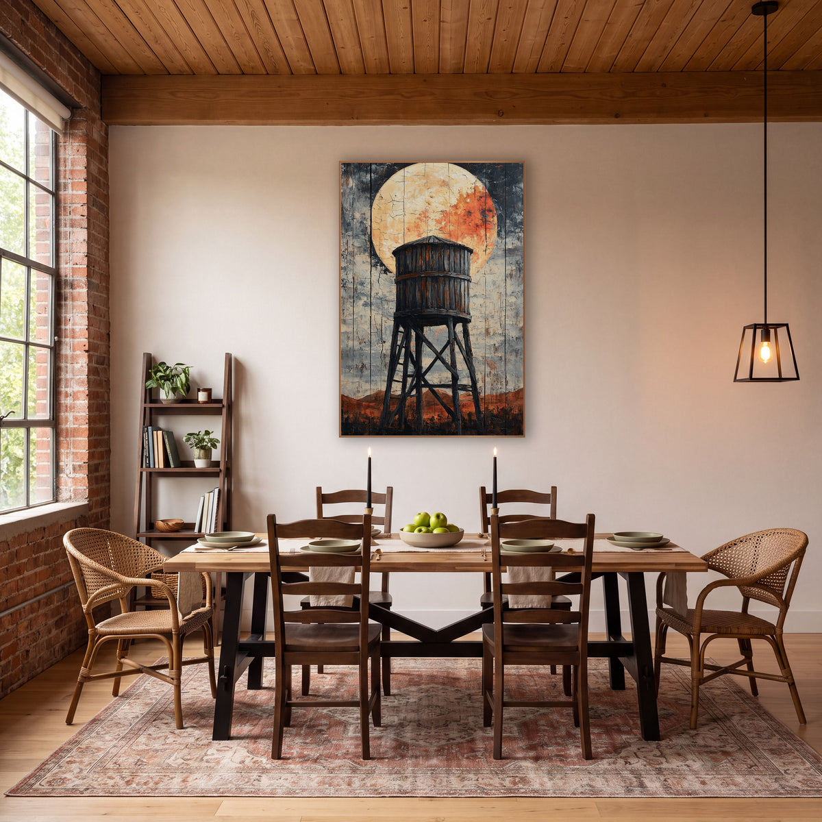 Ember Moon Mesa Tower Distressed wall art in a rustic western-style room – old wooden water tower on tall braced legs