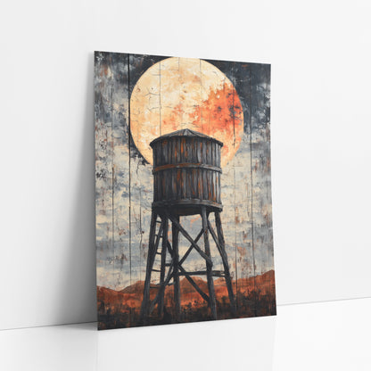 Ember Moon Mesa Tower Distressed art print leaning against a white wall – old wooden water tower on tall braced legs in front