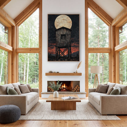 Windowed Lookout Tower Dusk Western wall art in a rustic western-style room – weathered wooden water tower on crossed