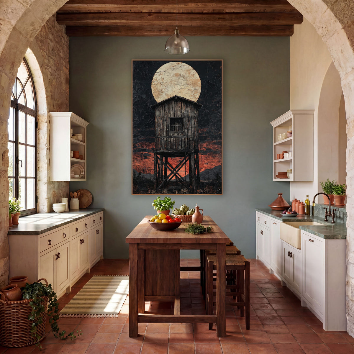 Windowed Lookout Tower Dusk Western wall art in a rustic western-style room – weathered wooden water tower on crossed