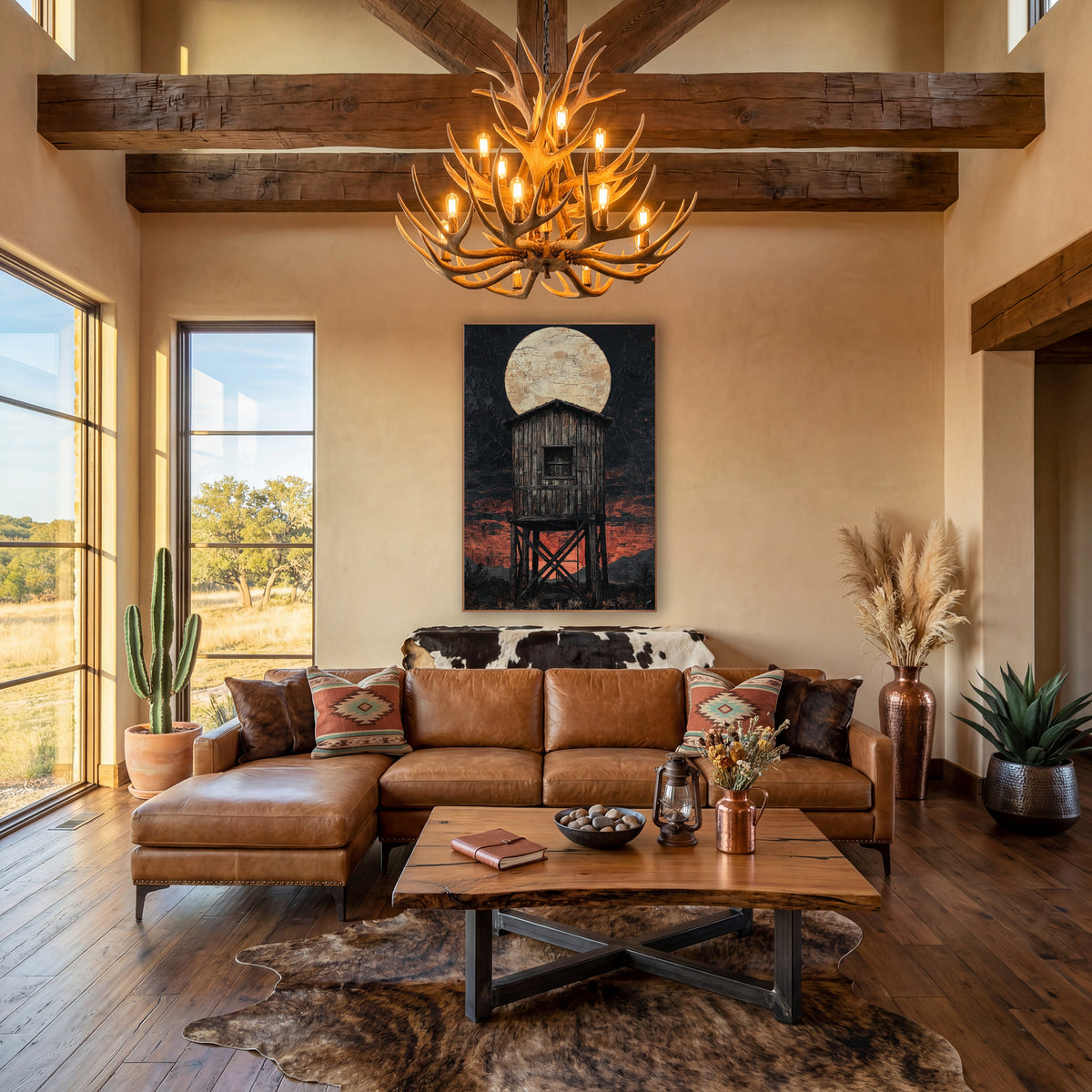 Windowed Lookout Tower Dusk Western wall art in a rustic western-style room – weathered wooden water tower on crossed