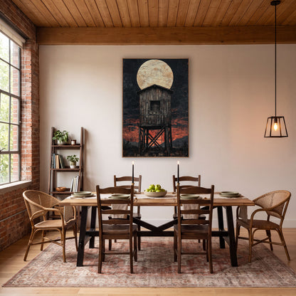 Windowed Lookout Tower Dusk Western wall art in a rustic western-style room – weathered wooden water tower on crossed
