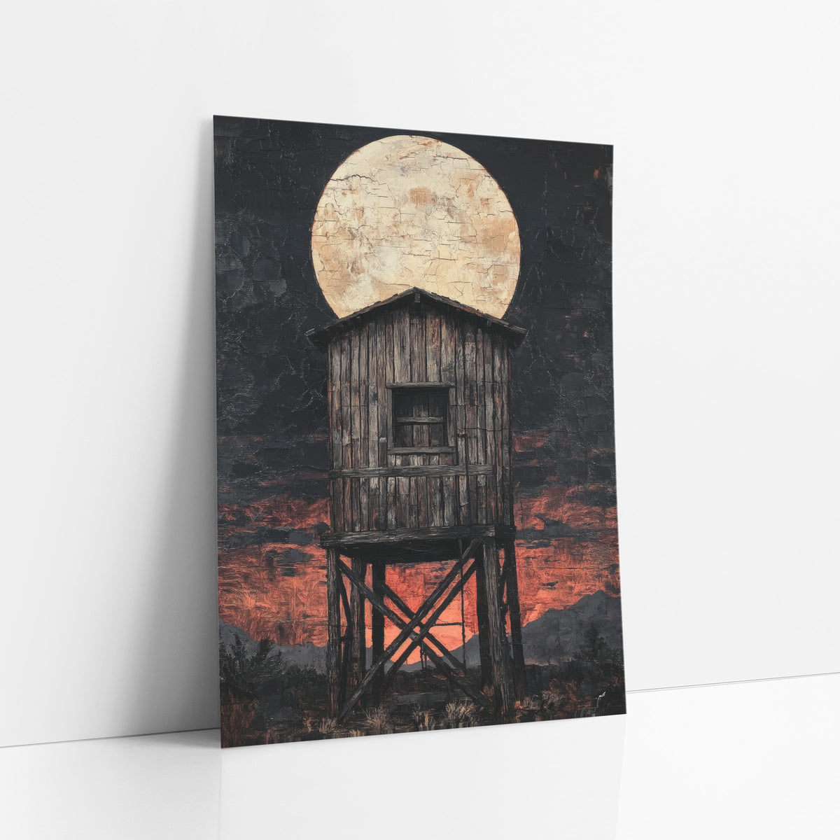 Windowed Lookout Tower Dusk Western art print leaning against a white wall – weathered wooden water tower on crossed legs