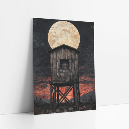 Windowed Lookout Tower Dusk Western art print leaning against a white wall – weathered wooden water tower on crossed legs