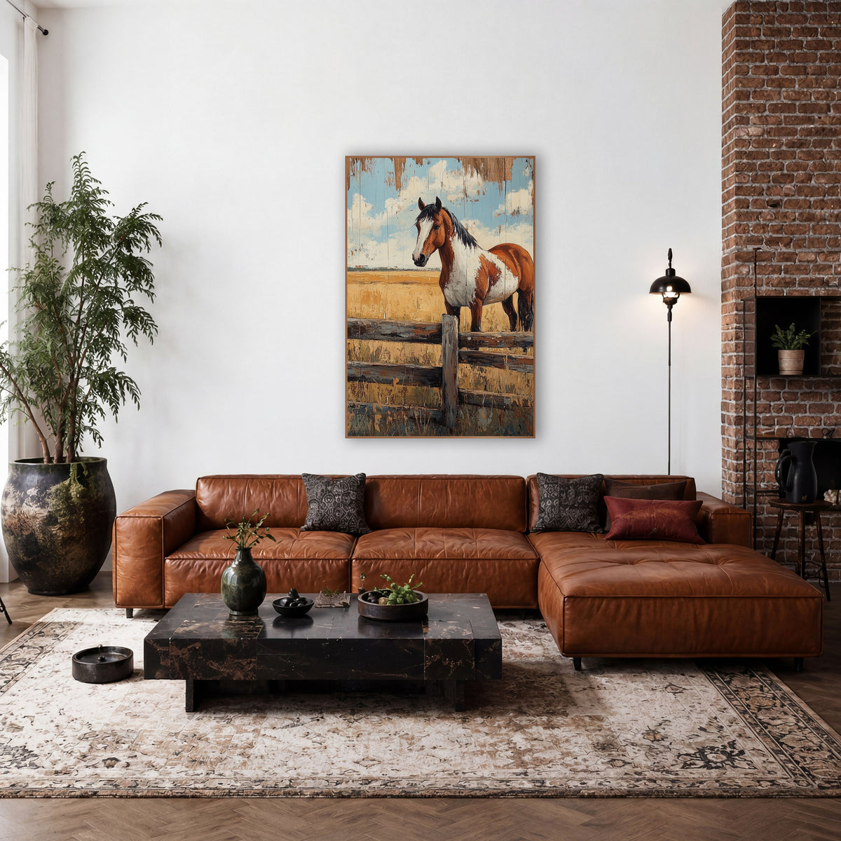 Chestnut Paint Horse Rustic Western wall art in a rustic western-style room – chestnut and white paint horse standing