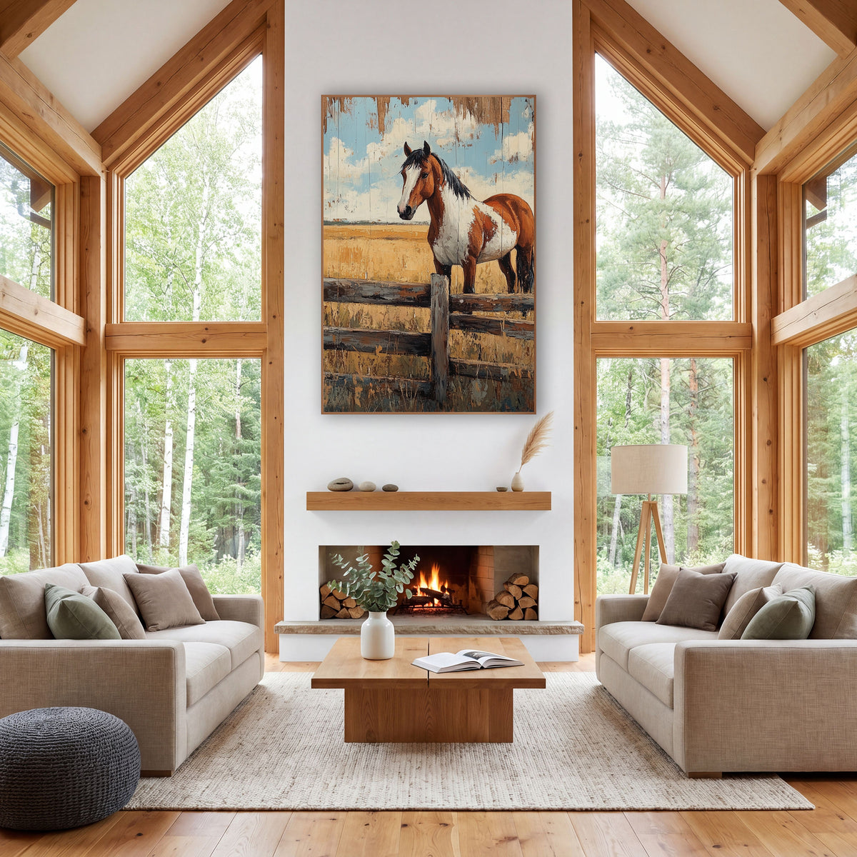 Chestnut Paint Horse Rustic Western wall art in a rustic western-style room – chestnut and white paint horse standing