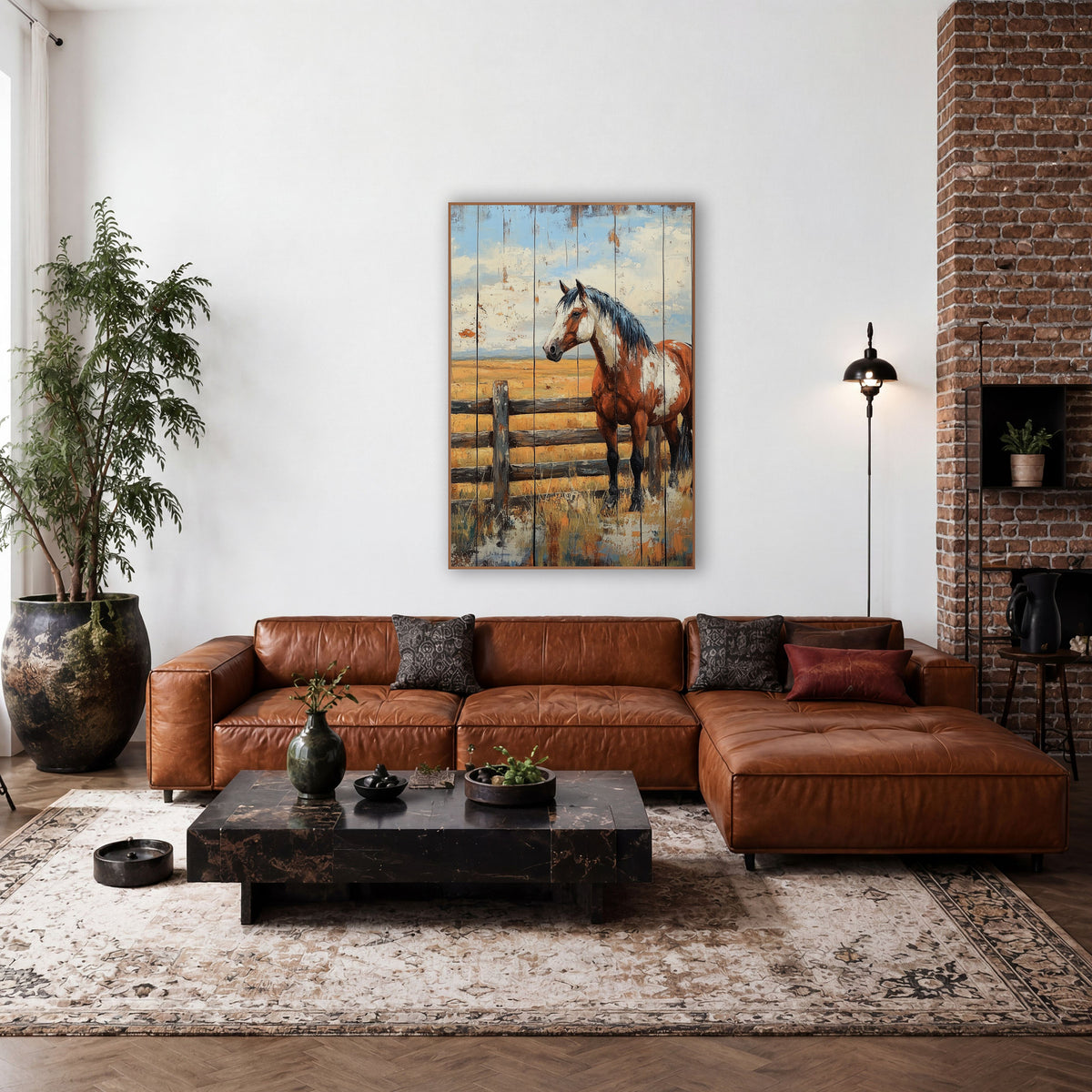 Paint Horse Plank Prairie Painterly wall art in a rustic western-style room – brown and white paint horse standing