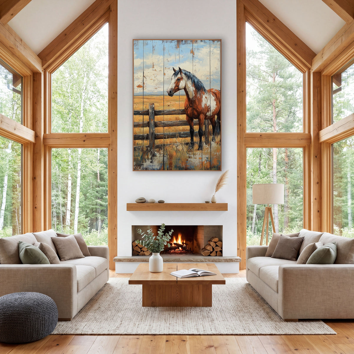Paint Horse Plank Prairie Painterly wall art in a rustic western-style room – brown and white paint horse standing